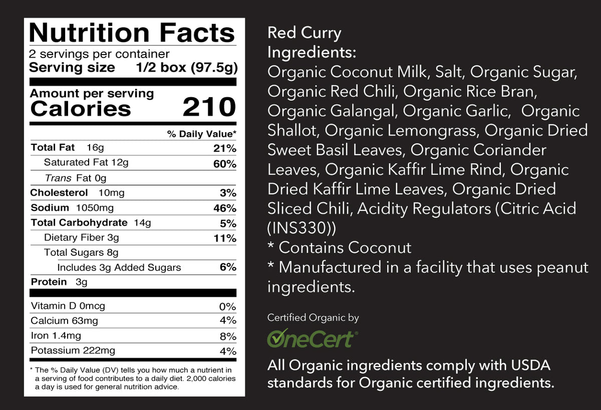 Nutrition Facts and Red Curry ingredients label listing organic components including coconut milk, red chili, galangal, garli