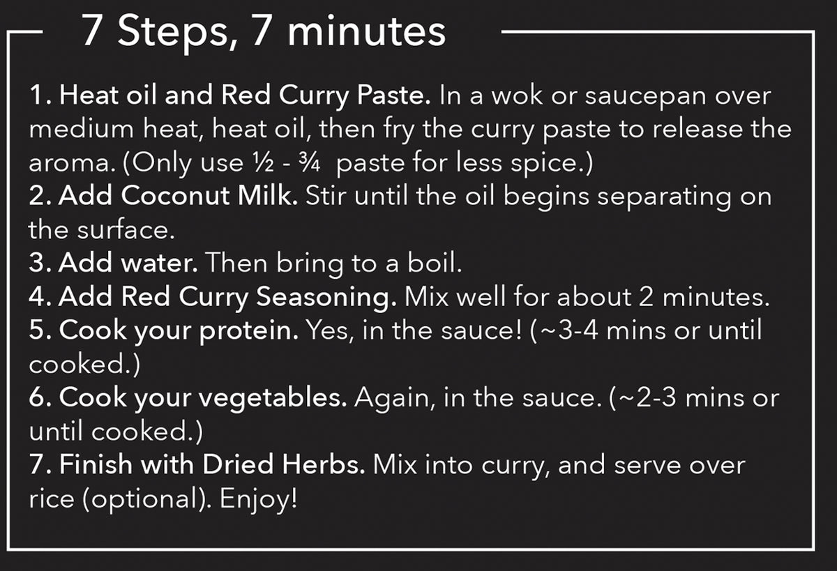 Seven-step cooking instructions for red curry kit preparation on black background with white text.