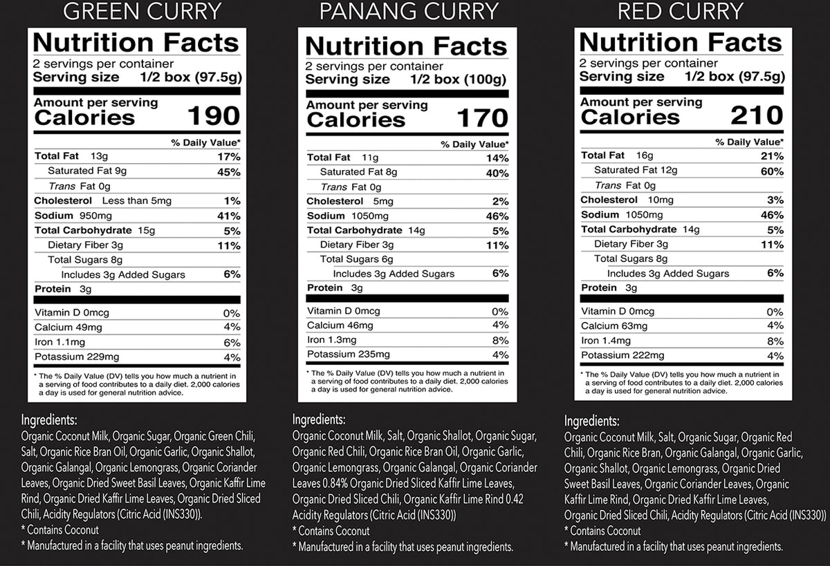 Three containers of organic curry paste labeled Green Curry, Panang Curry, and Red Curry with nutrition facts and ingredients