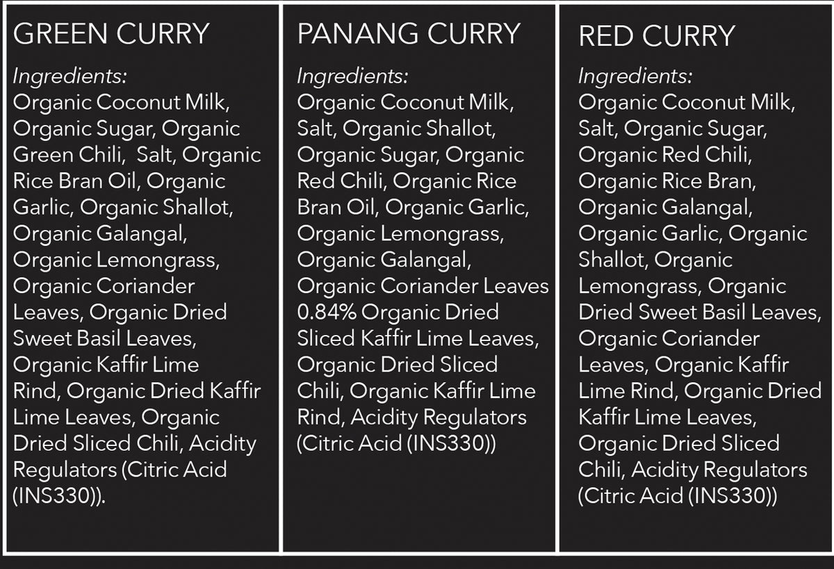 Three labeled organic curry paste containers: Green Curry, Panang Curry, and Red Curry with ingredient lists displayed.
