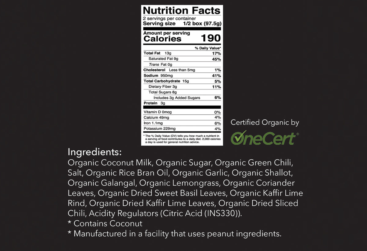 Nutrition Facts label and ingredient list for organic green curry kit with OneCert certification badge.