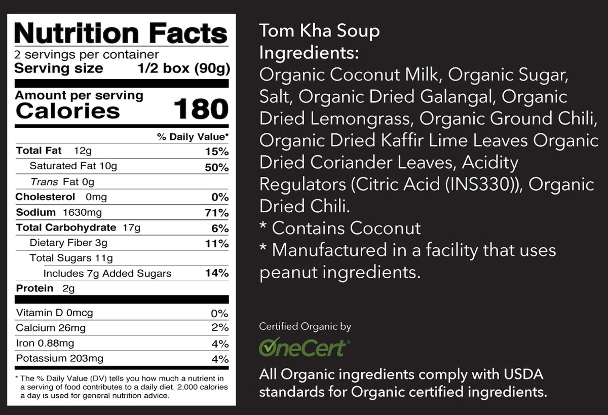 Nutrition facts and ingredients label for organic Tom Kha soup with coconut milk base.