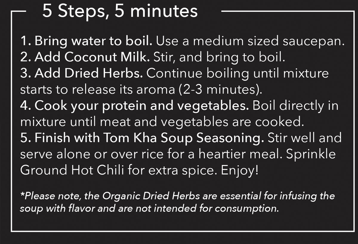 Instruction card displaying five-step cooking directions for Thai Tom Kha soup preparation in white text on dark background.