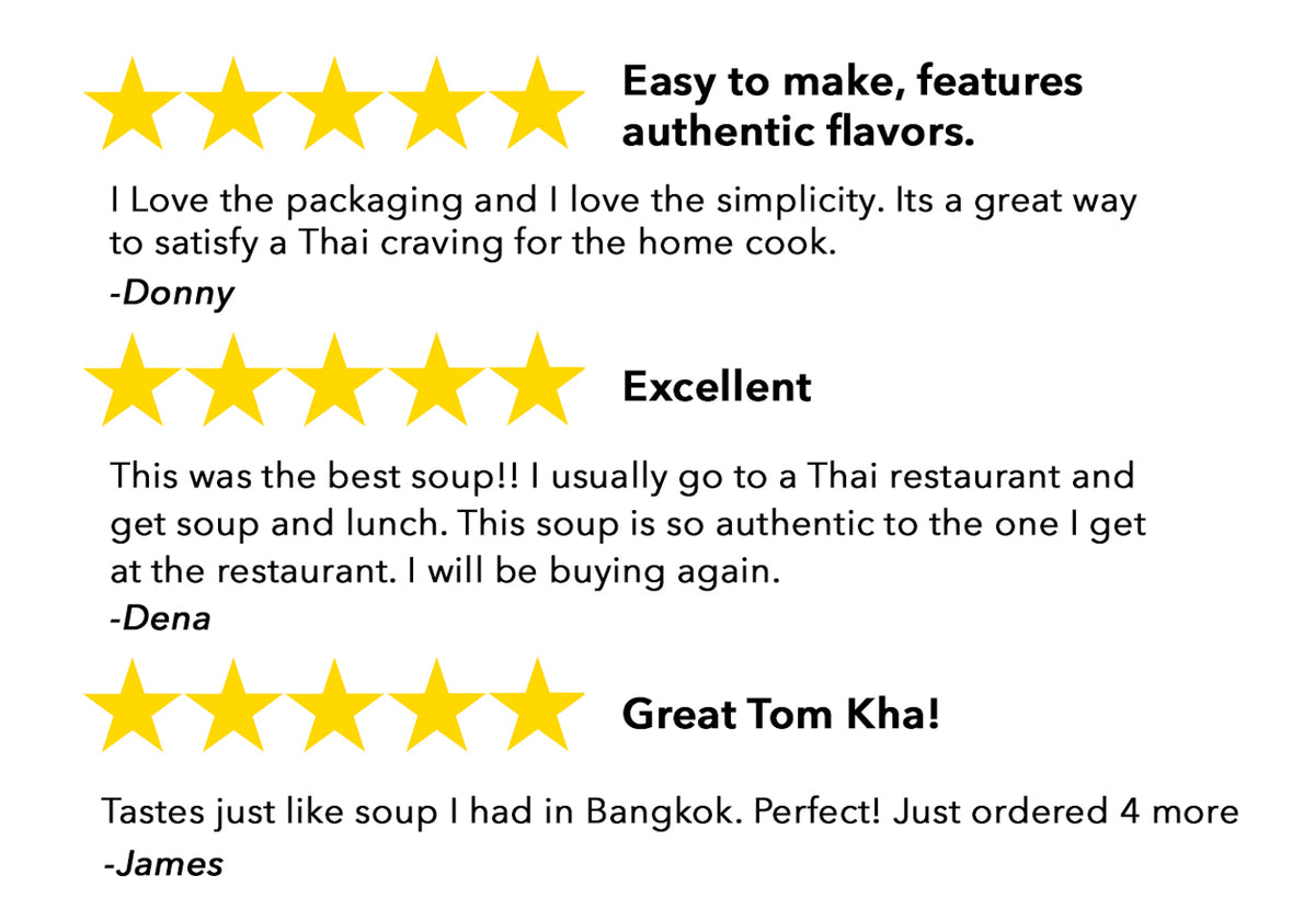 Organic Tom Kha soup packet with customer review quotes and five-star ratings displayed.