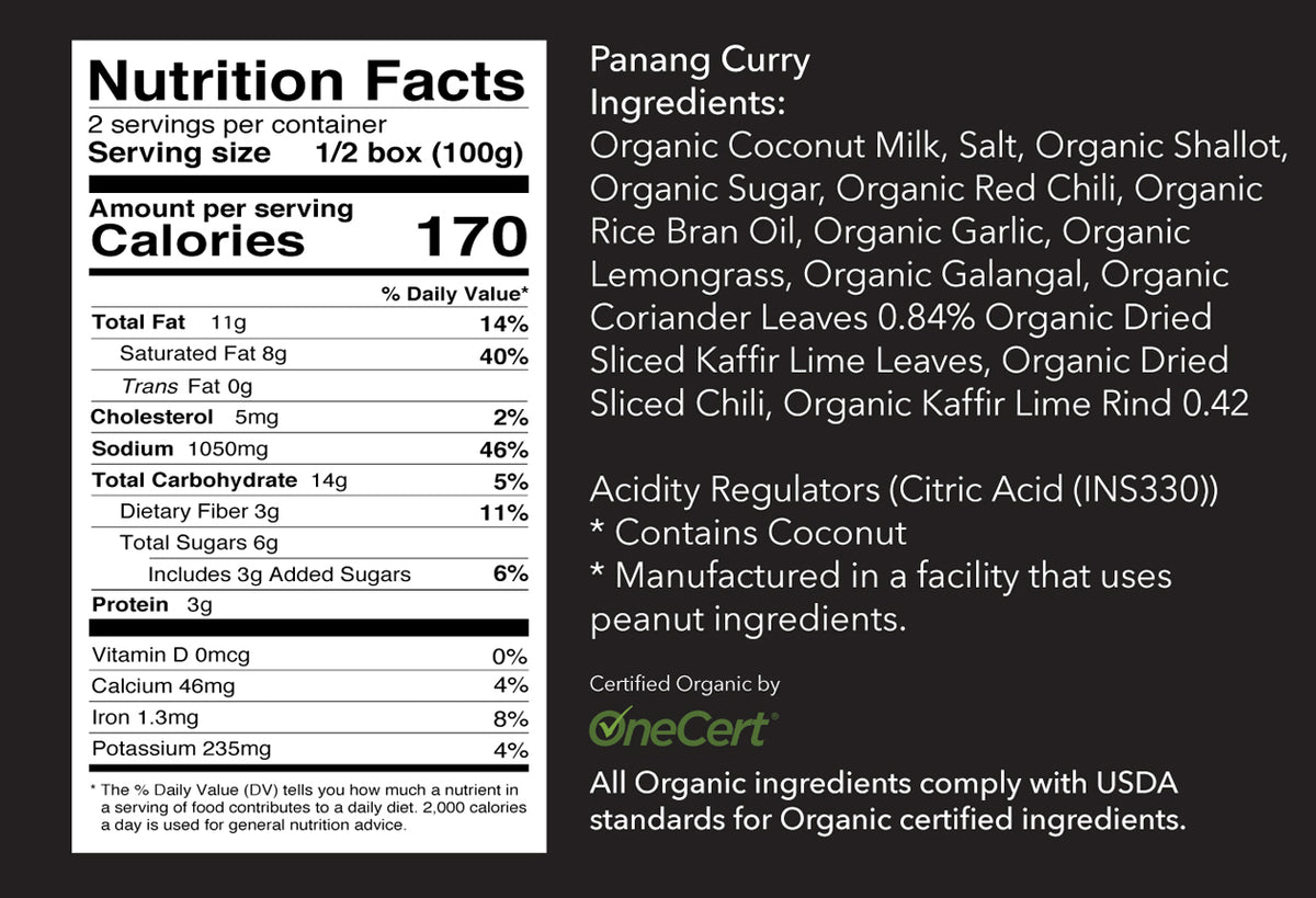 Nutrition Facts and ingredients list for organic Panang Curry Kit on dark background.