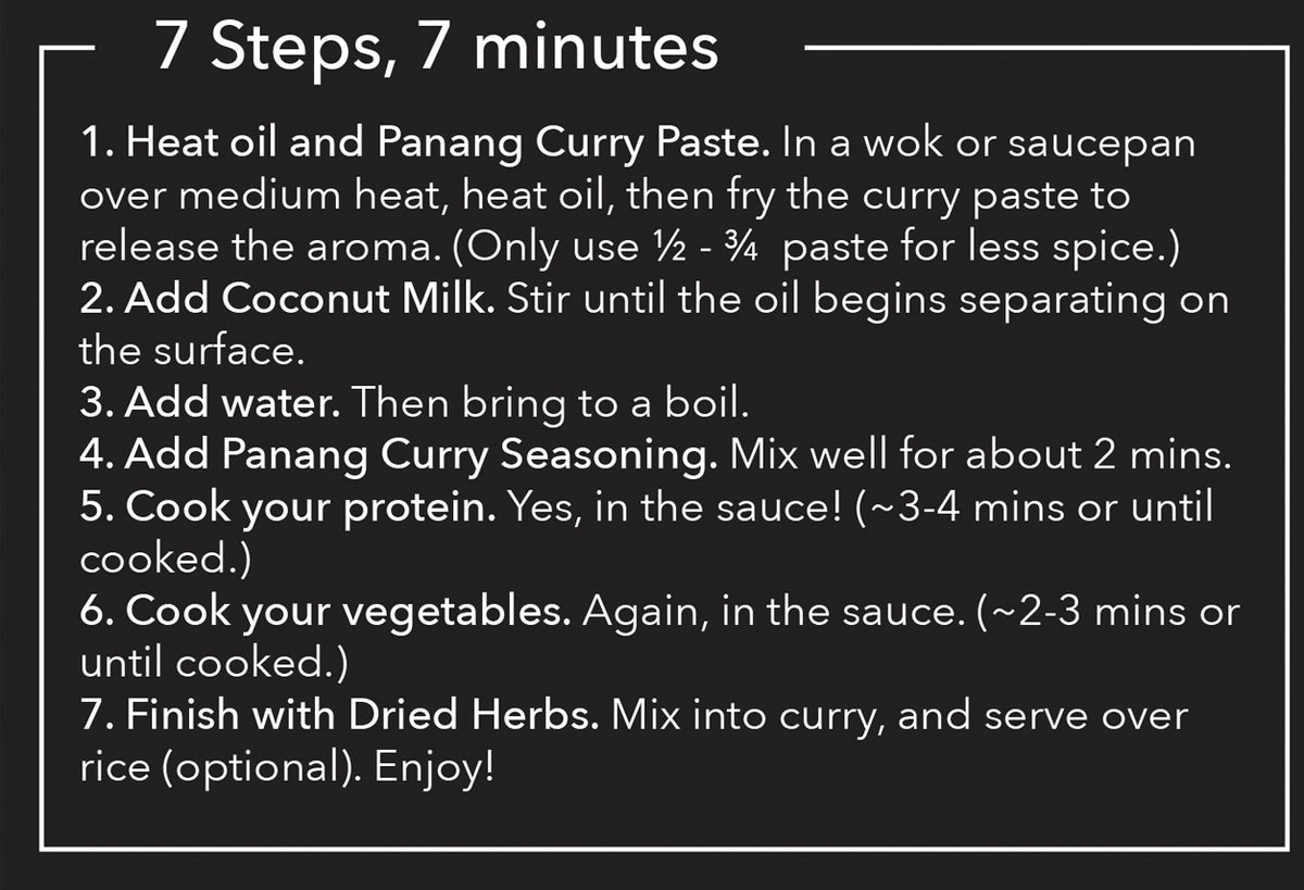 Instruction card displaying seven-step cooking instructions for Panang curry preparation on black background with white text.
