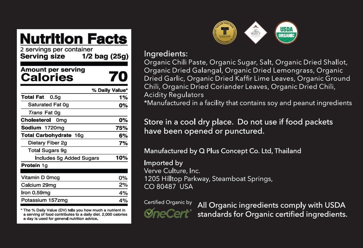 Nutrition label and ingredients list for organic tom yum soup packet with USDA certification and manufacturing details.