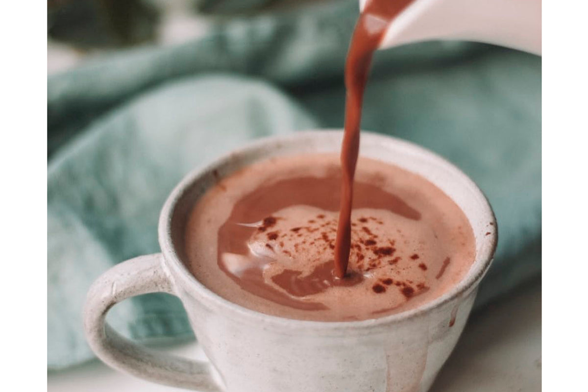 Hot chocolate liquid being poured into white mug with cocoa powder sprinkled on surface.